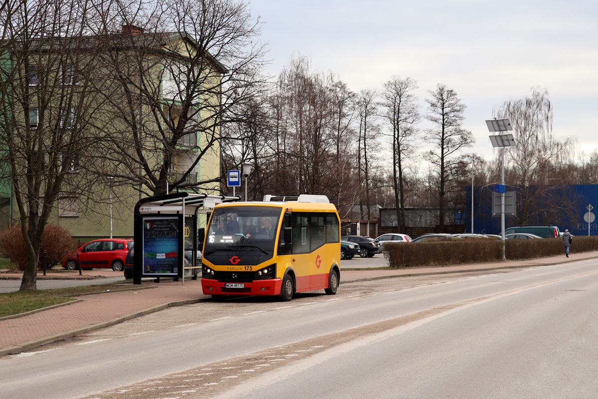 175 (22061)
Karsan stoi na przystanku âGrodzisk Maz. Teligi 01â jako kurs linii numer 16: MilanĂłwek Zachodnia (12:24)-Grodzisk Maz. Szpital (13:11). 
